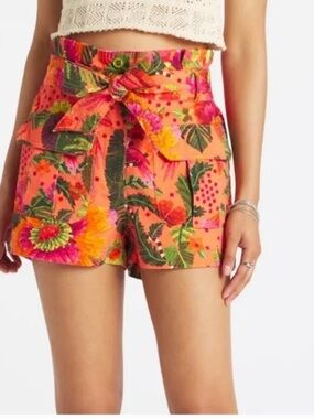 FARM Rio Coral Tropical-Print High-Waist Tie-Belt Shorts
